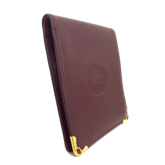 Auth. Must De Cartier Leather Bifold Wallet Color Bordeaux Gold Tone corners - Picture 1 of 13